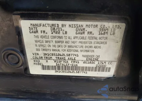 2002 Nissan Sentra Gxe z USA, uszkodzony, nr VIN 3N1CB51D62L587741